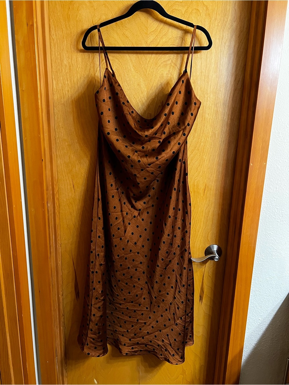 Vine & Love Satin Midi Slip Dress - Brown with Black Polka Dots